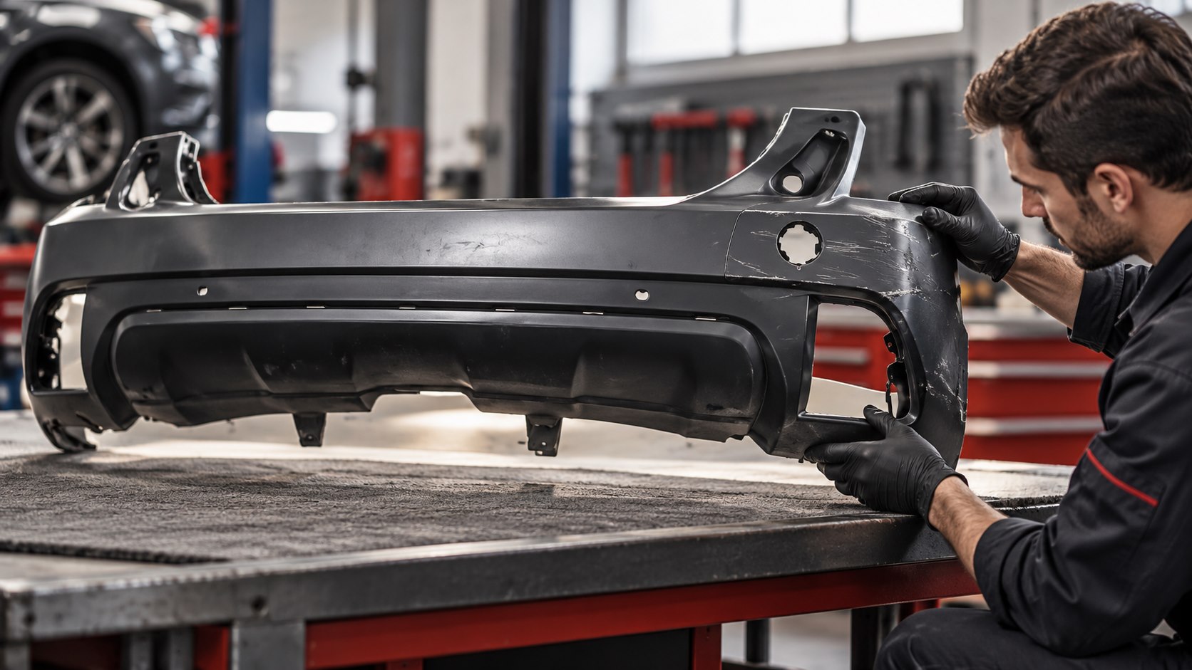 Plastic bumper being inspected